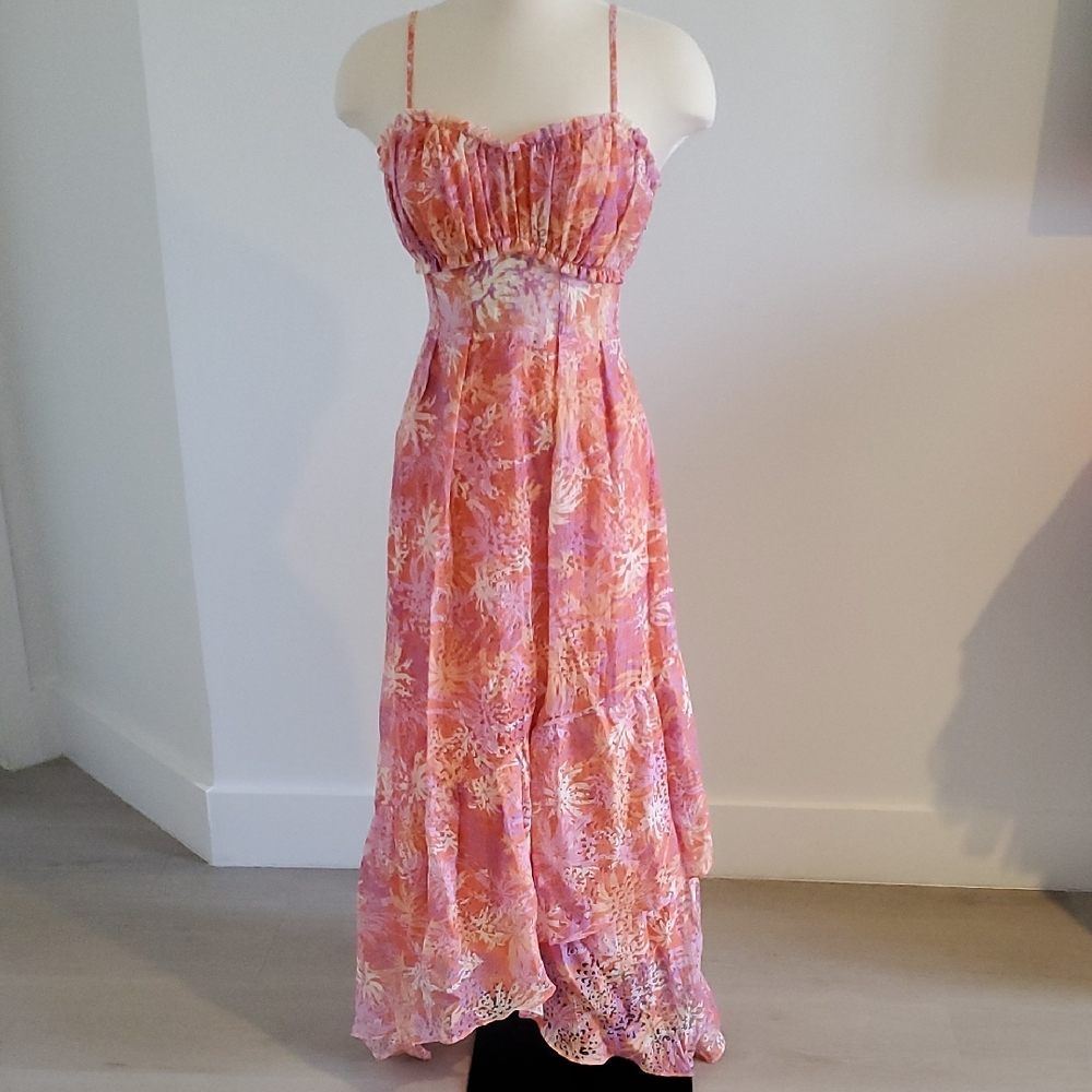 Ramy Brook Pink/Orange Maxi Dress with ruched busyline  Size 0 new with tags